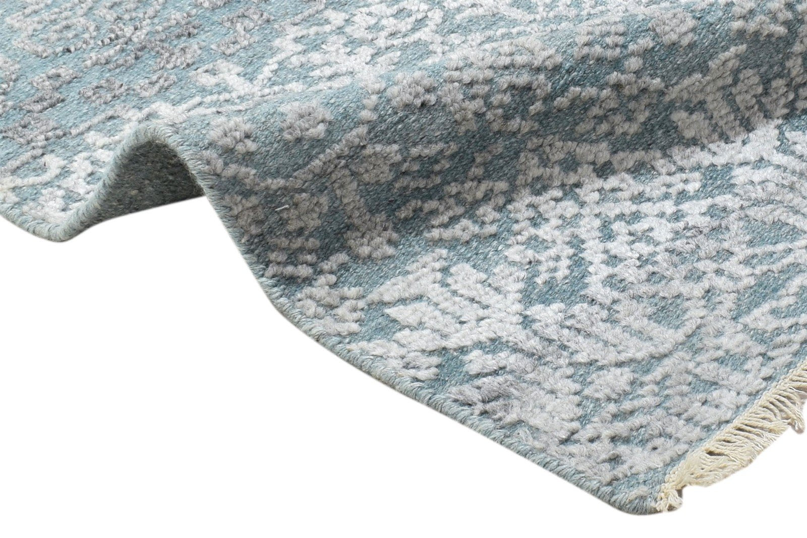 Blue Wool Silk Rug 2X3 Modern Hand Knotted Scandinavian Trellis Small Carpet 7864087150741