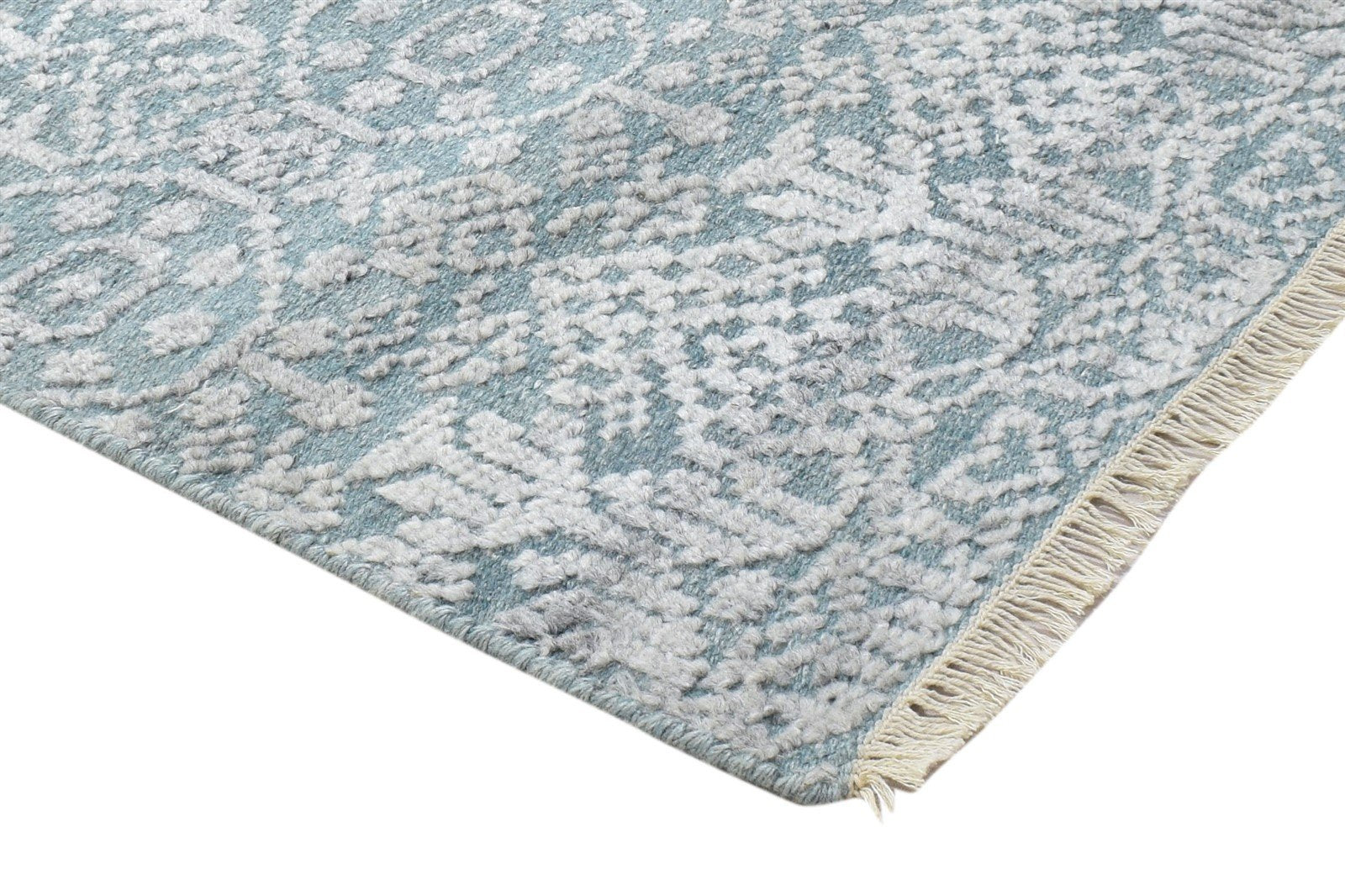 Blue Wool Silk Rug 2X3 Modern Hand Knotted Scandinavian Trellis Small Carpet 7864087150741