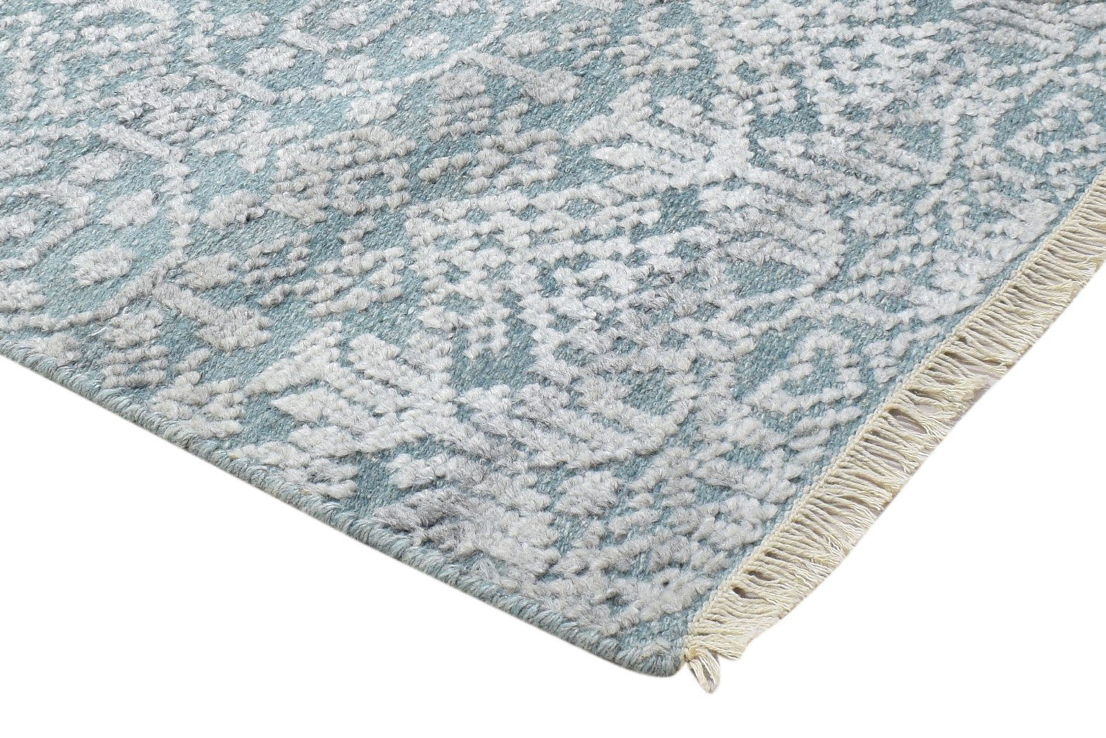 Blue Wool Silk Rug 2X3 Modern Hand Knotted Scandinavian Trellis Small Carpet 7864087150741