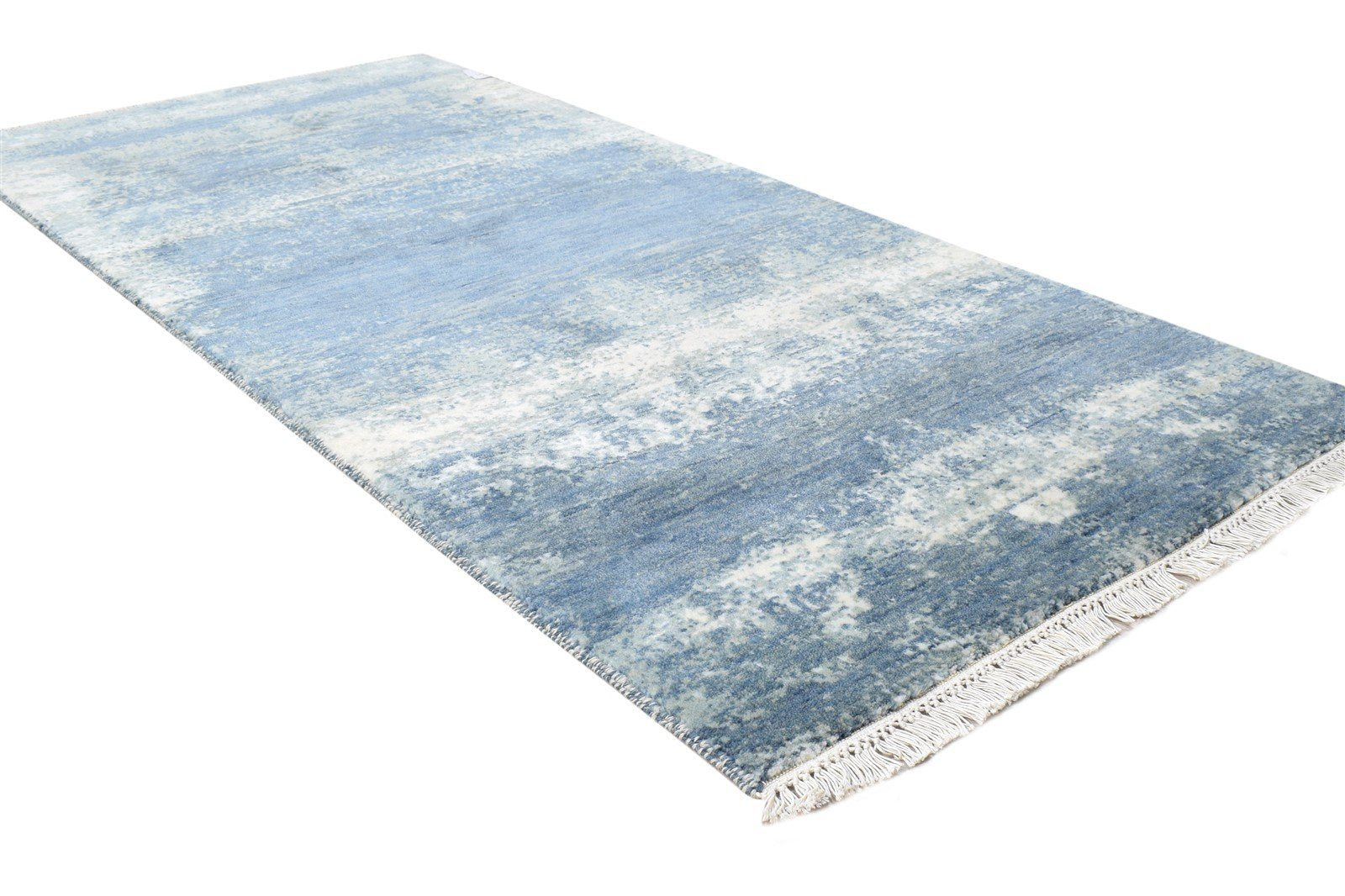 Blue Wool / Silk Rug 3' X 6' Modern Hand Knotted Indian Abstract Small Carpet 7864593612949