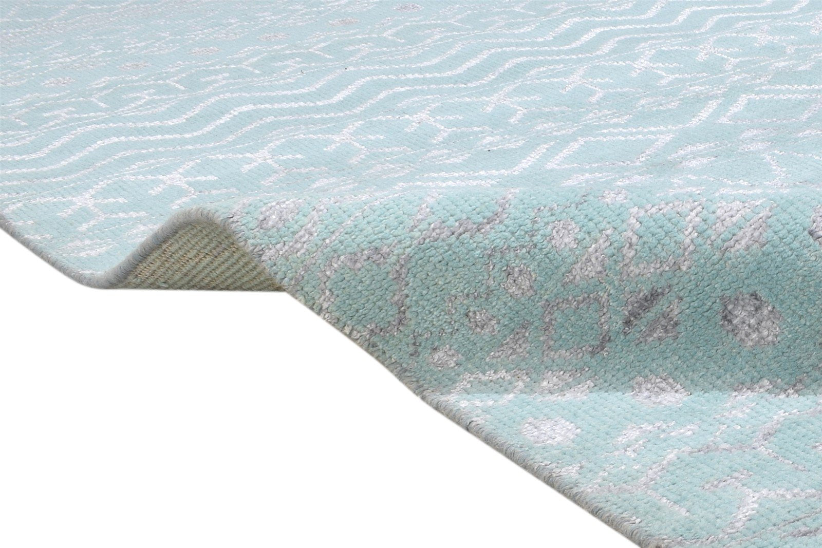 Blue Wool / Silk Rug 9X12 Modern Hand Knotted Scandinavian Trellis Large Carpet 7864344641685