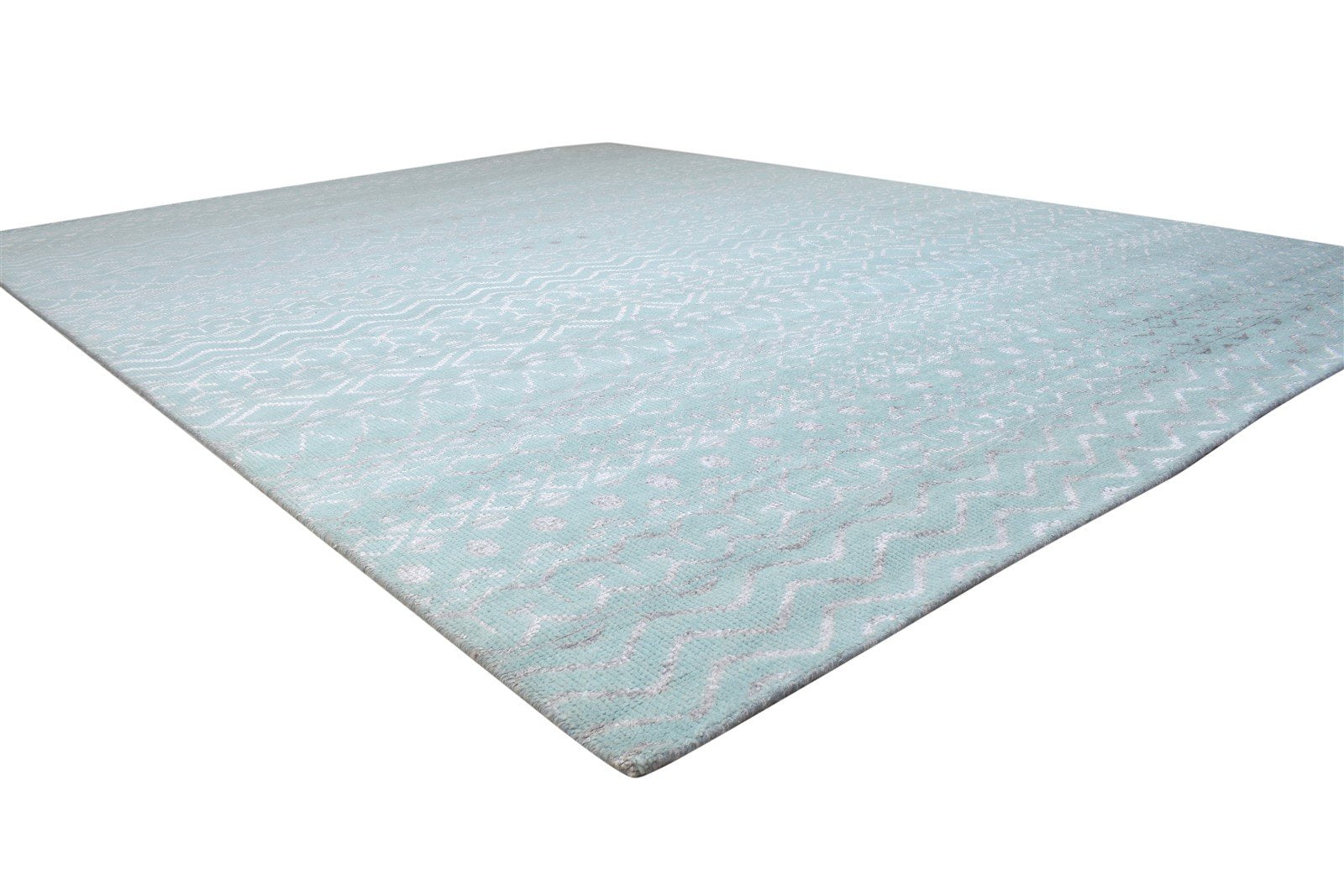 Blue Wool / Silk Rug 9X12 Modern Hand Knotted Scandinavian Trellis Large Carpet 7864344641685