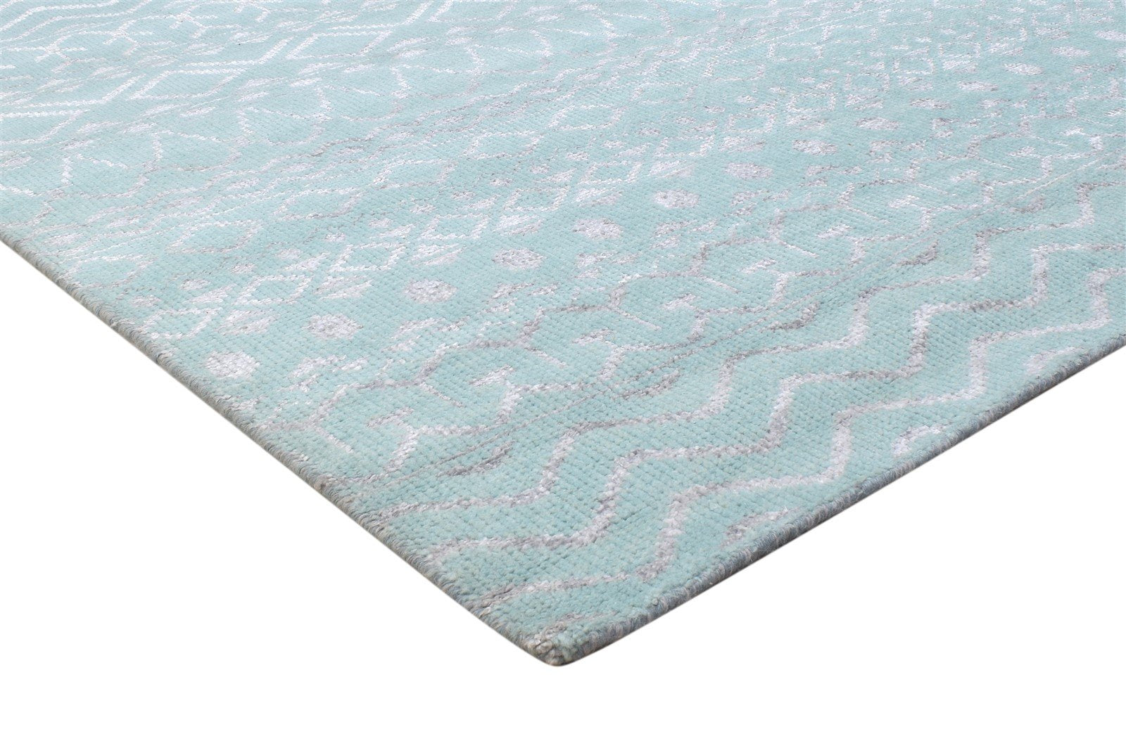 Blue Wool / Silk Rug 9X12 Modern Hand Knotted Scandinavian Trellis Large Carpet 7864344641685