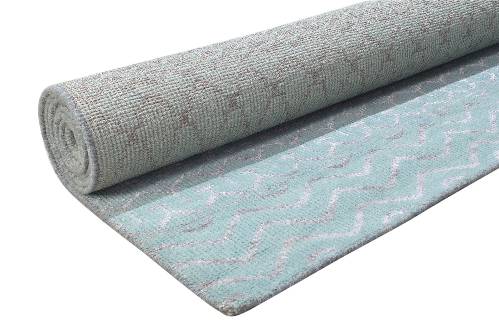 Blue Wool / Silk Rug 9X12 Modern Hand Knotted Scandinavian Trellis Large Carpet 7864344641685