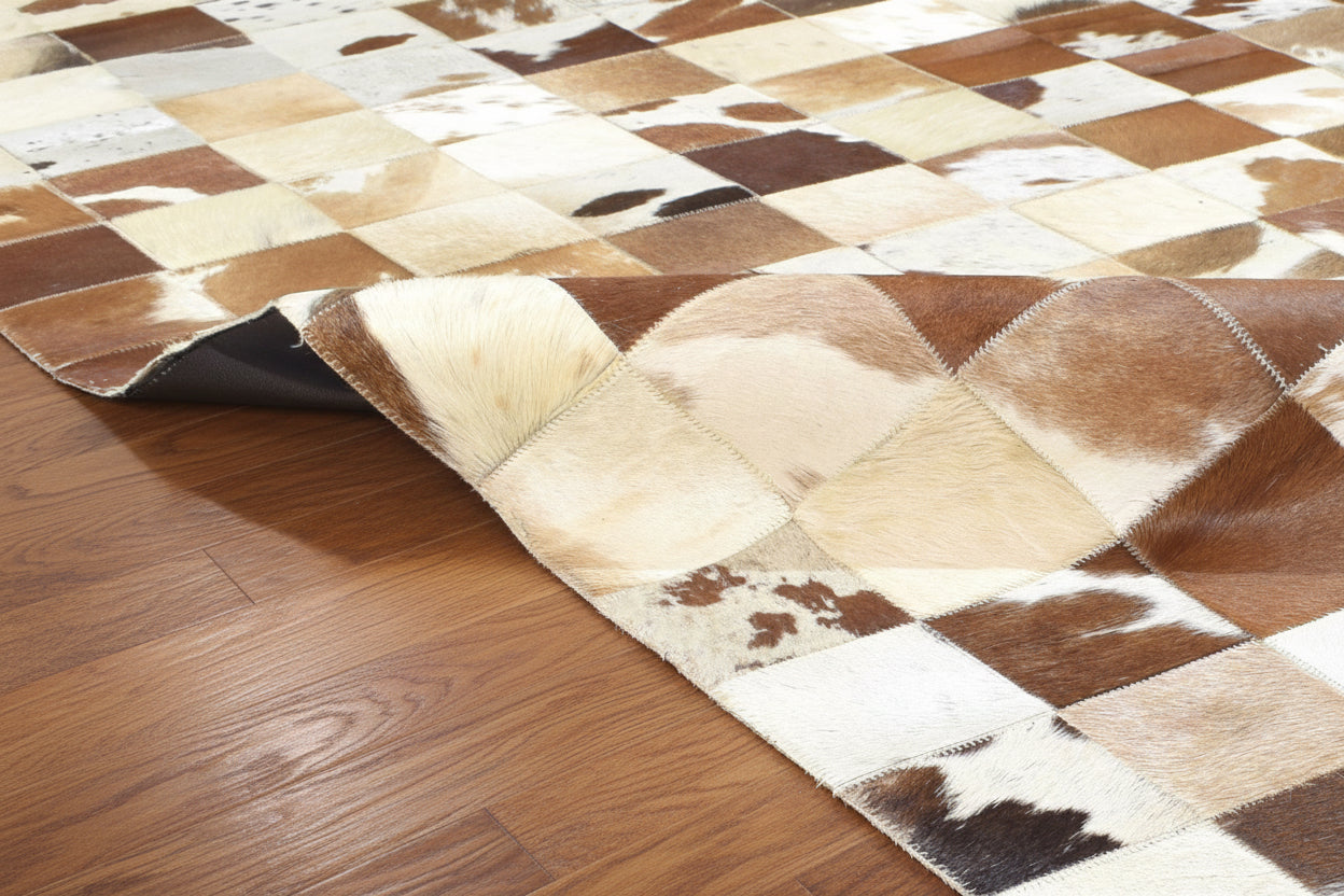 Brittaney Handmade Leather Checkerboard Brown Rug | Modern Checkered Blocks Patchwork Rug 7864581193877