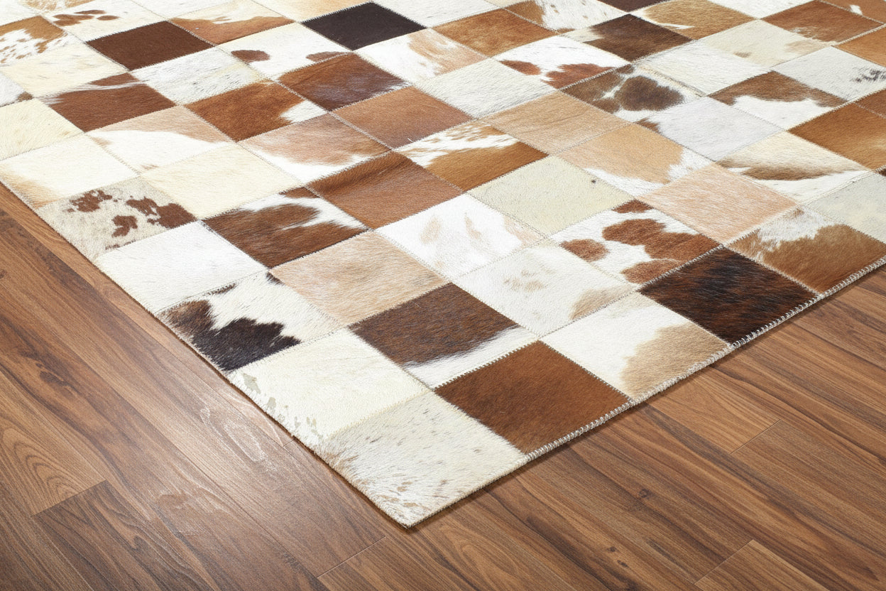 Brittaney Handmade Leather Checkerboard Brown Rug | Modern Checkered Blocks Patchwork Rug 7864581193877