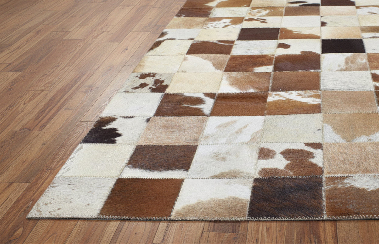 Brittaney Handmade Leather Checkerboard Brown Rug | Modern Checkered Blocks Patchwork Rug 7864581193877
