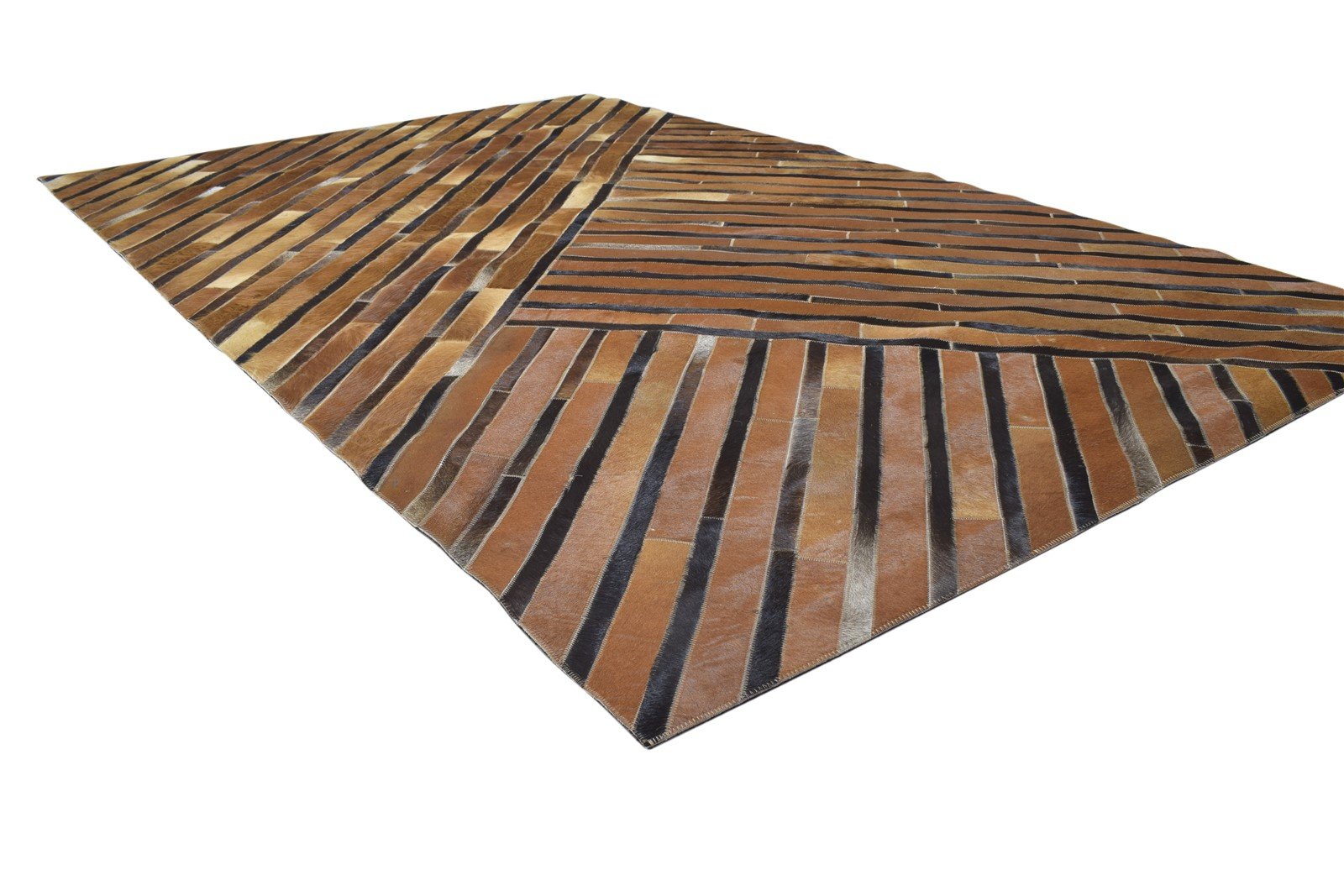 Brown Leather / Cotton Rug 5X8 Modern Hand Woven Scandinavian Striped Room Size 7864115921045