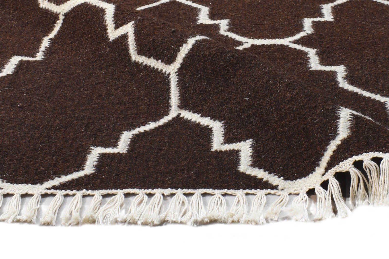 Brown Wool Rug 3' X 5' Modern Dhurrie Moroccan Scroll Tile Small Carpet 7865121308821