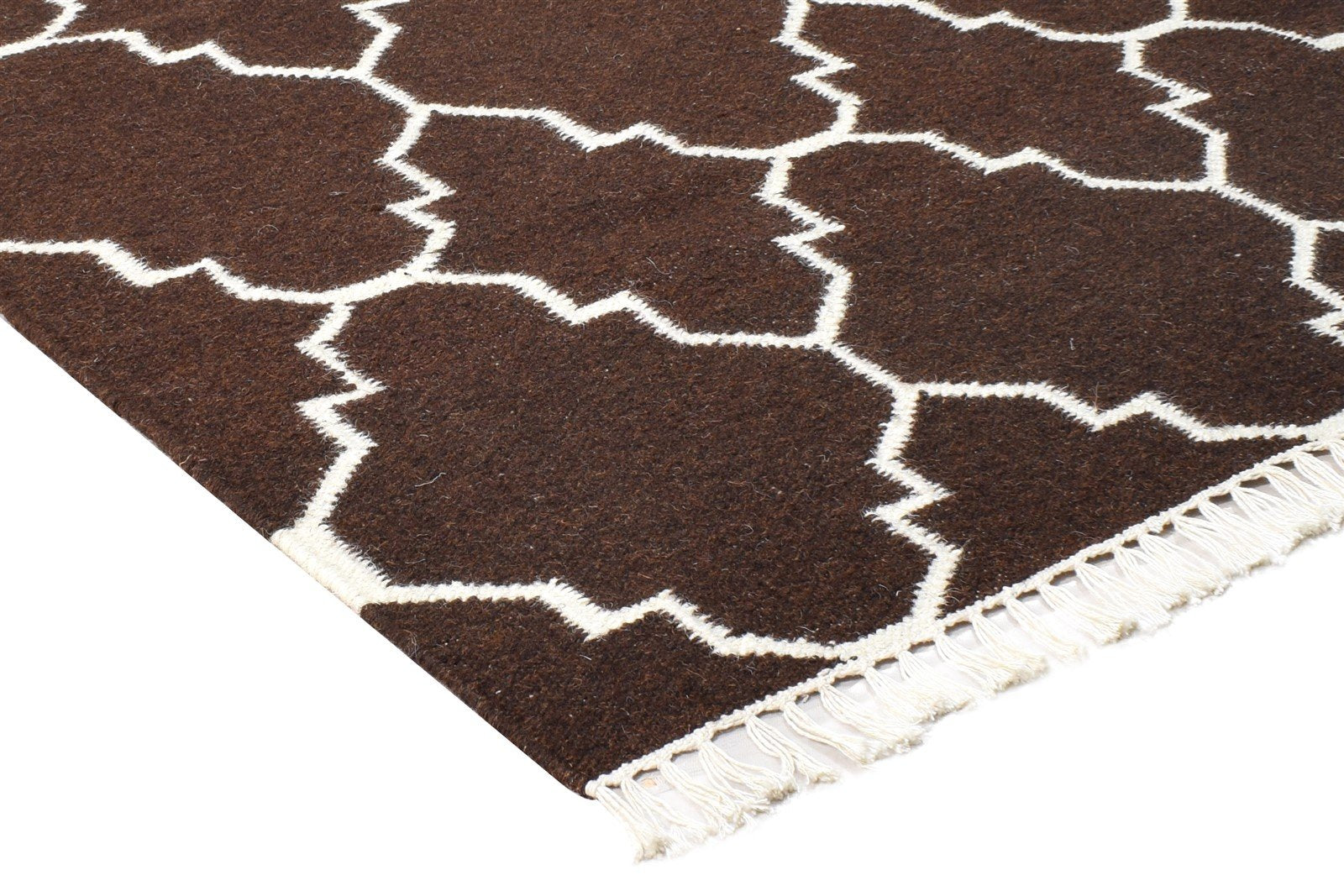 Brown Wool Rug 3' X 5' Modern Dhurrie Moroccan Scroll Tile Small Carpet 7865121308821