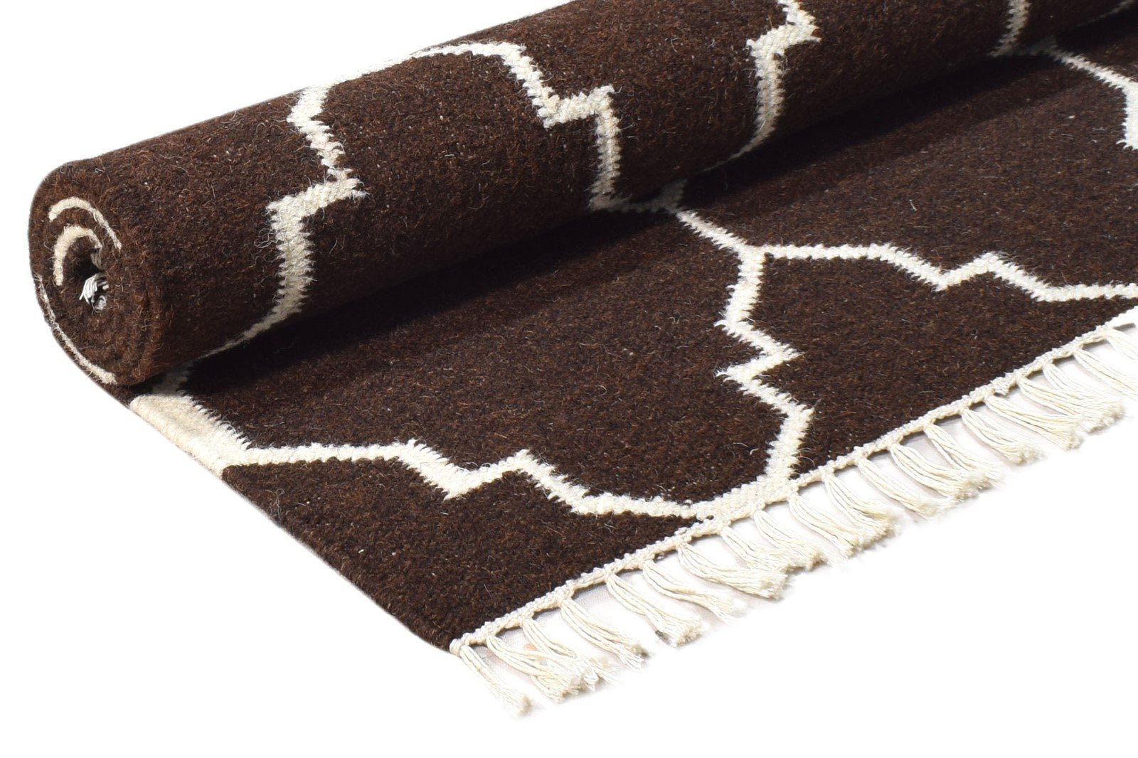 Brown Wool Rug 3' X 5' Modern Dhurrie Moroccan Scroll Tile Small Carpet 7865121308821