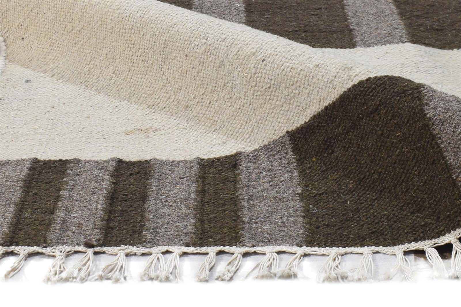 Brown Wool Rug 4' X 5' Modern Dhurrie Scandinavian Striped Room Size Carpet 7864672551061