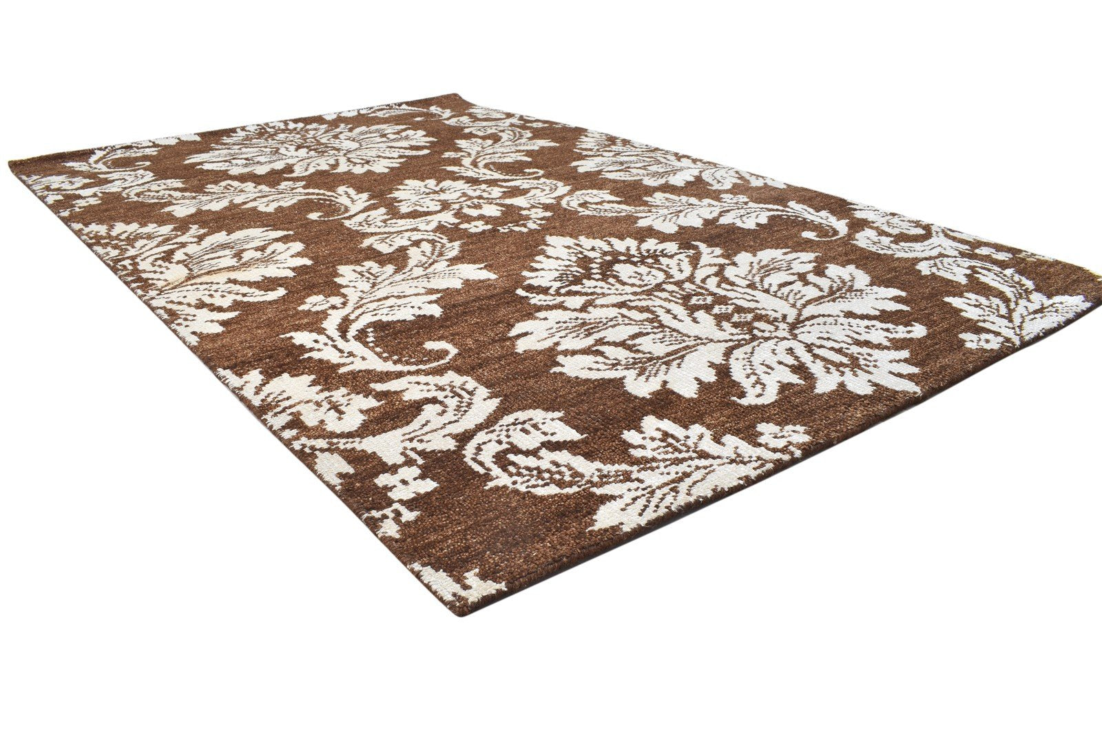 Brown Wool / Silk Rug 5X8 Modern Hand Knotted Indian Damask Room Size Carpet 7864112709781