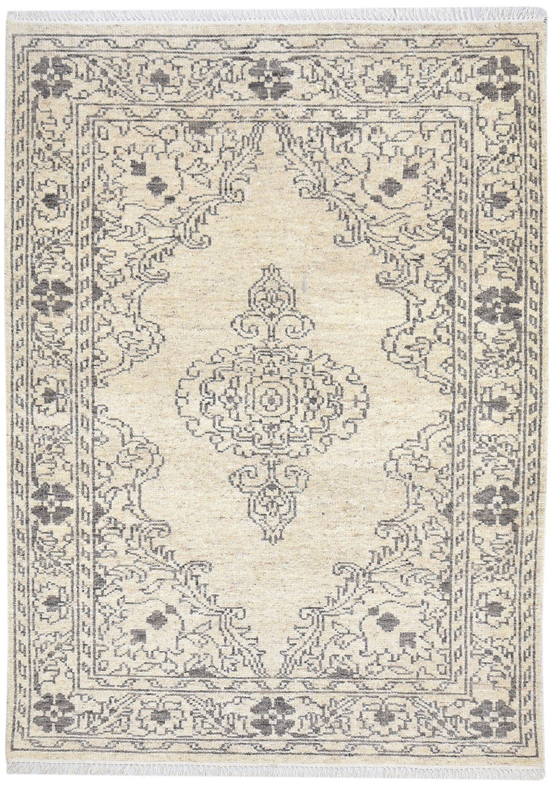 Carlotta Hand Knotted Beige Wool Rug 5' X 8' Persian Mughal Medallion   7864905203861