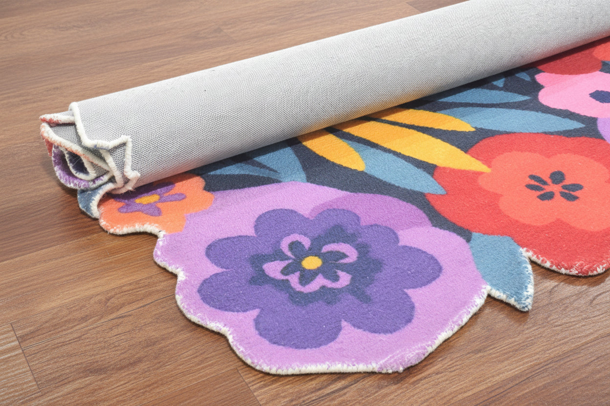 Cassia Navy Blue & Multicolor Scalloped Floral Area Kids Playroom Rug 9014781902997