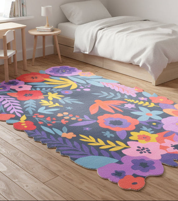 Cassia Navy Blue & Multicolor Scalloped Floral Area Kids Playroom Rug 9014781902997
