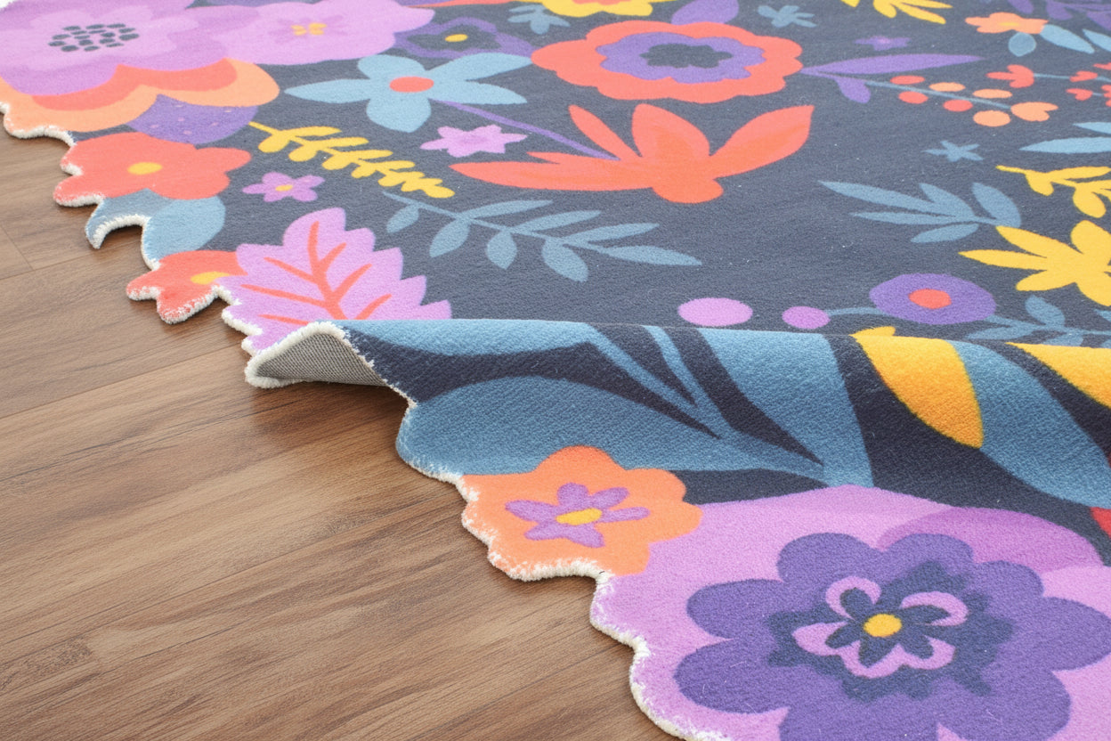 Cassia Navy Blue & Multicolor Scalloped Floral Area Kids Playroom Rug 9014781902997