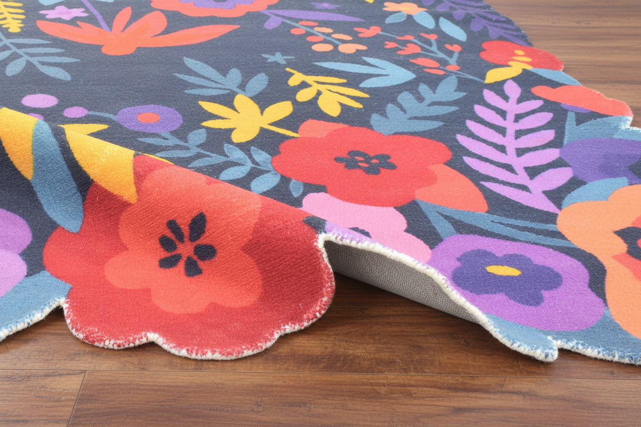 Cassia Navy Blue & Multicolor Scalloped Floral Area Kids Playroom Rug 9014781902997
