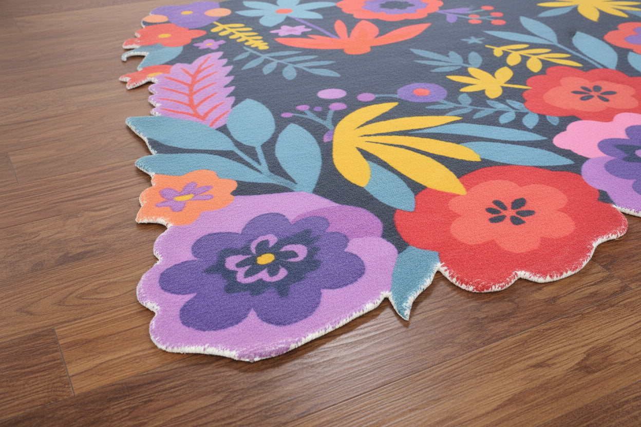 Cassia Navy Blue & Multicolor Scalloped Floral Area Kids Playroom Rug 9014781902997