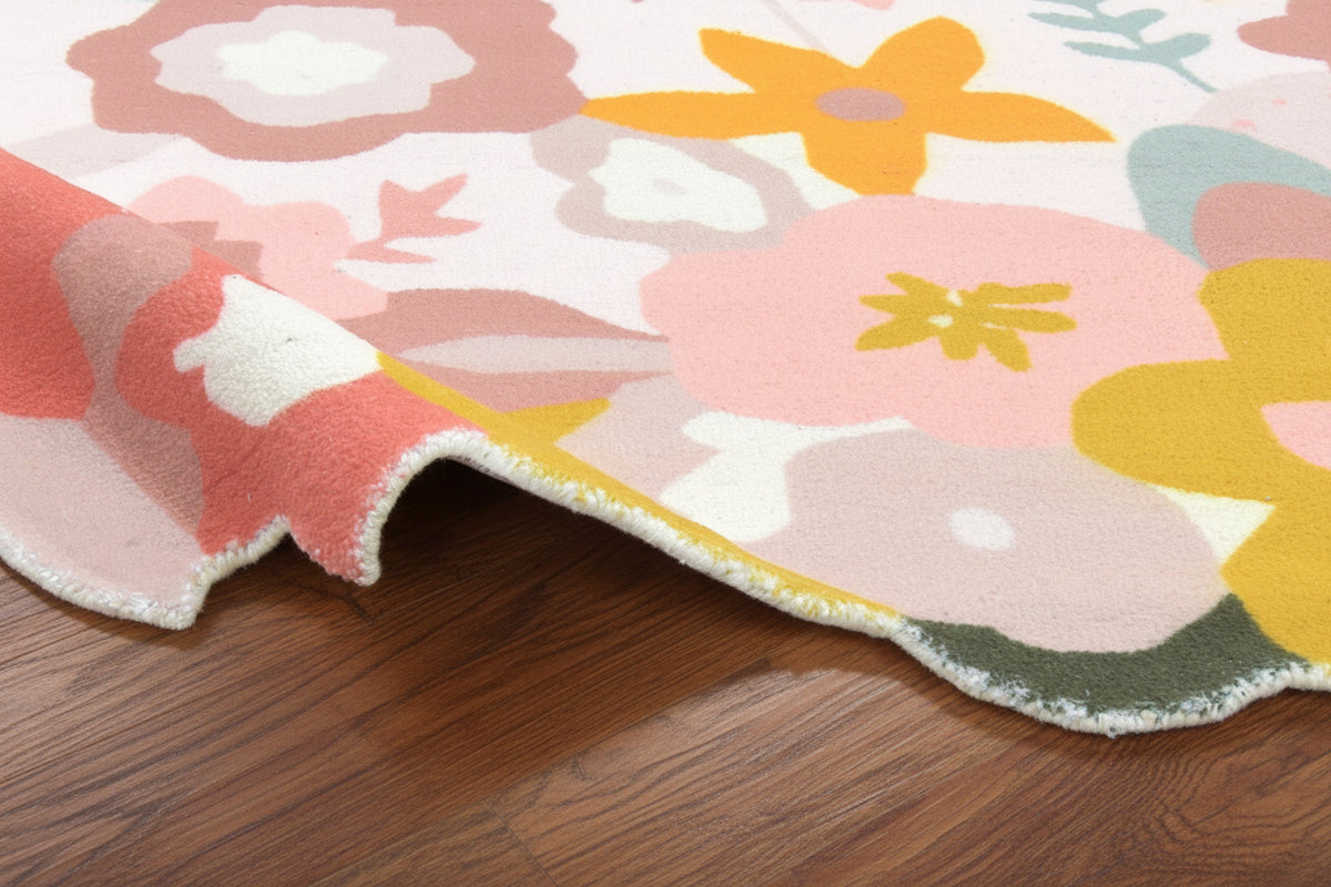 Cassia Off-White & Multicolor Scalloped Floral Area Kids Playroom Rug 9126551290005