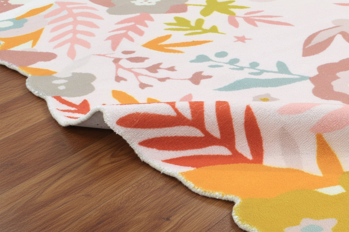 Cassia Off-White & Multicolor Scalloped Floral Area Kids Playroom Rug 9126551290005