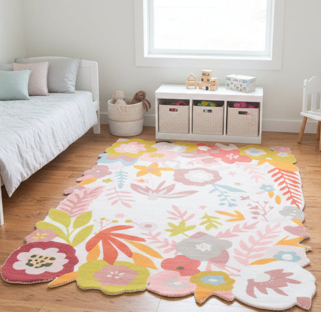 Cassia Off-White & Multicolor Scalloped Floral Area Kids Playroom Rug 9126551290005