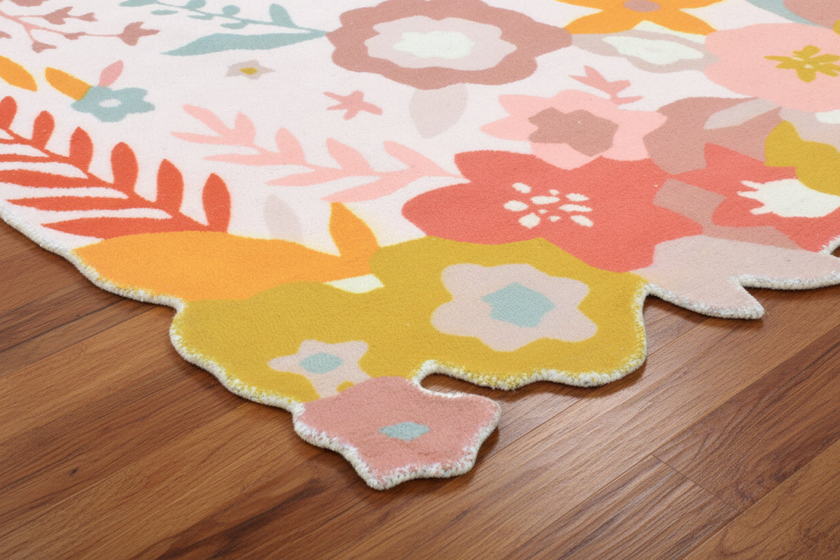 Cassia Off-White & Multicolor Scalloped Floral Area Kids Playroom Rug 9126551290005