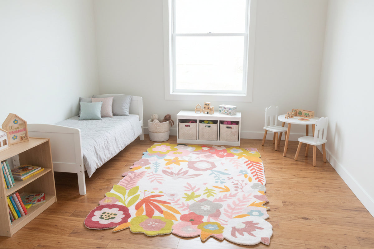 Cassia Off-White & Multicolor Scalloped Floral Area Kids Playroom Rug 9126551290005