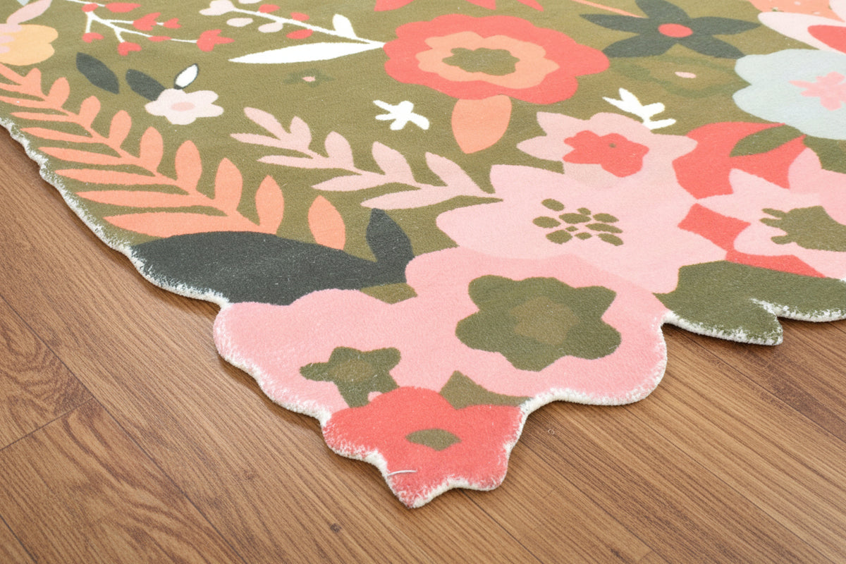 Cassia Olive Green & Multicolor Scalloped Floral Area Kids Playroom Rug 9014788685973