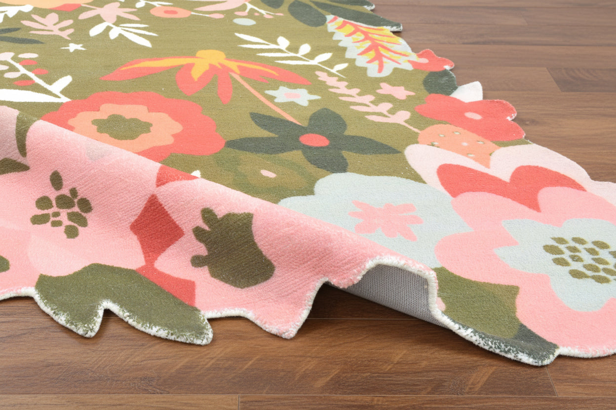Cassia Olive Green & Multicolor Scalloped Floral Area Kids Playroom Rug 9014788685973