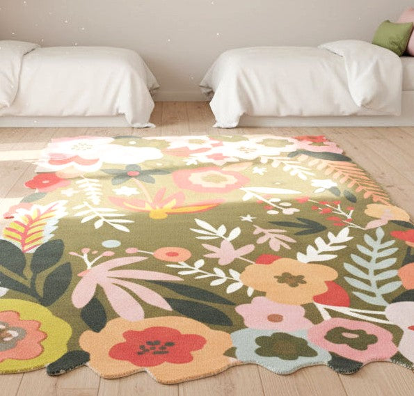 Cassia Olive Green & Multicolor Scalloped Floral Area Kids Playroom Rug 9014788685973