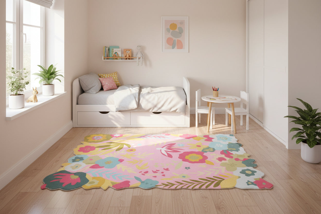 Cassia Pink & Multicolor Scalloped Floral Area Kids Playroom Rug 9014771744917