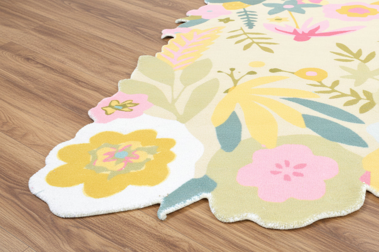 Cassia Sage Green & Multicolor Scalloped Floral Area Kids Playroom Rug 9015087005845