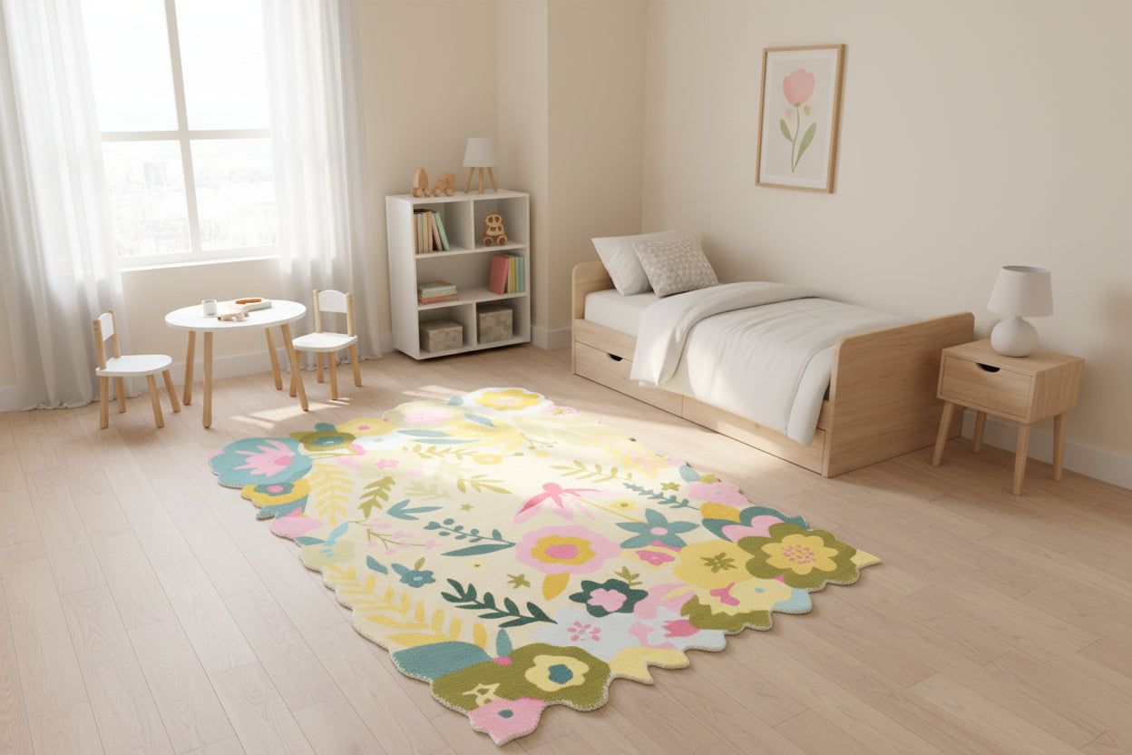 Cassia Sage Green & Multicolor Scalloped Floral Area Kids Playroom Rug 9015087005845