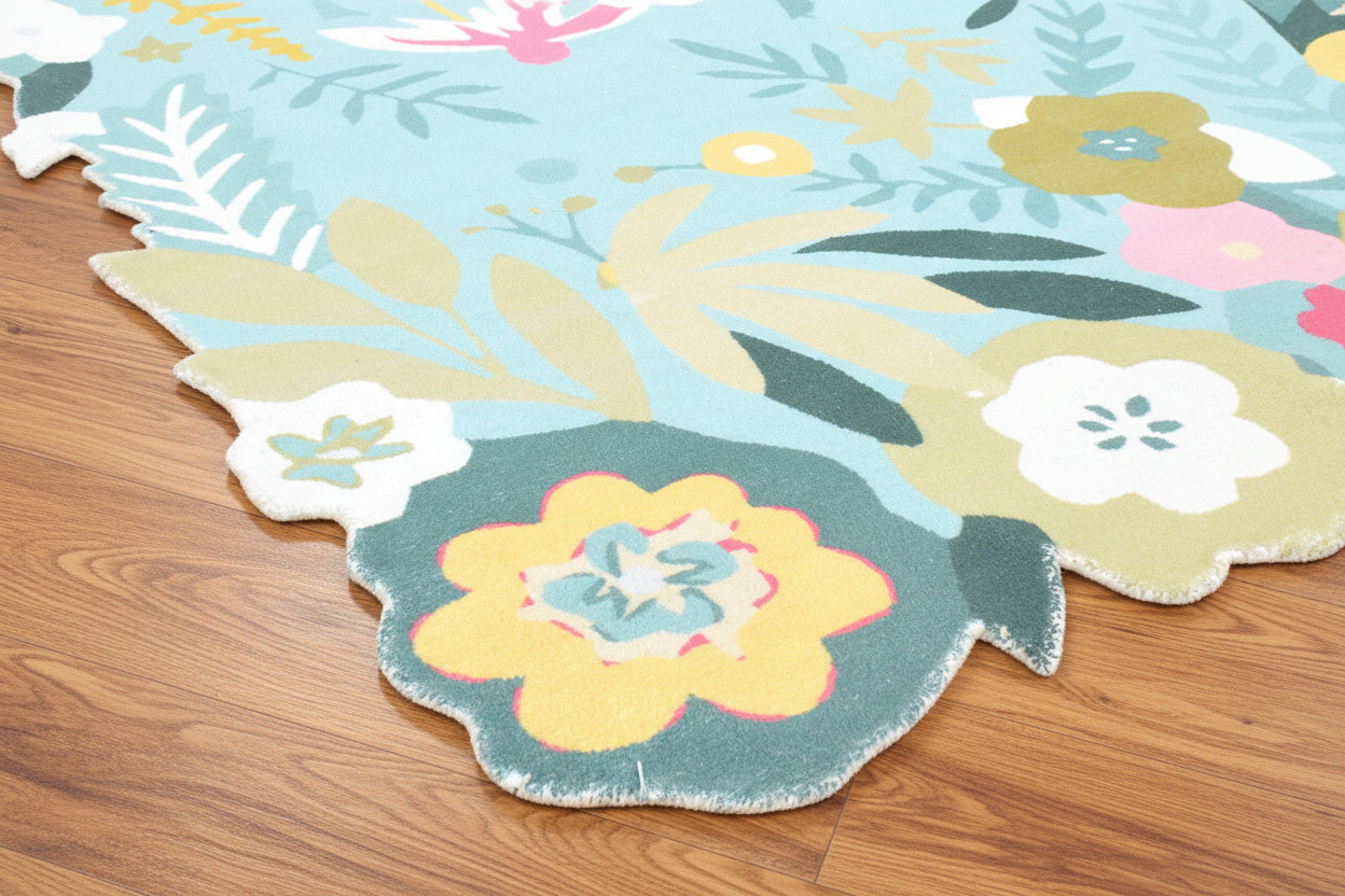 Cassia Sky Blue & Multicolor Scalloped Floral Kids Playroom Area Rug 9014801072277