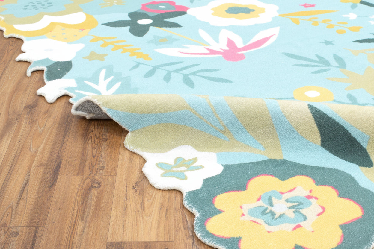 Cassia Sky Blue & Multicolor Scalloped Floral Kids Playroom Area Rug 9014801072277