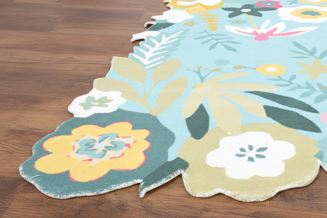 Cassia Sky Blue & Multicolor Scalloped Floral Kids Playroom Area Rug 9014801072277