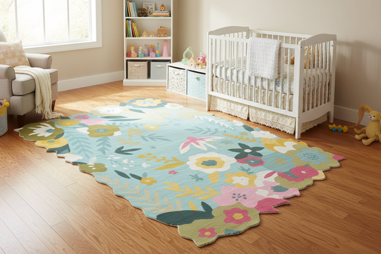 Cassia Sky Blue & Multicolor Scalloped Floral Kids Playroom Area Rug 9014801072277
