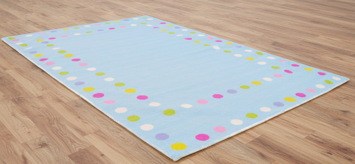 Celeste Blue Vibrant Polka Dot Border Nursery Kid's Room Rug 9014455828629