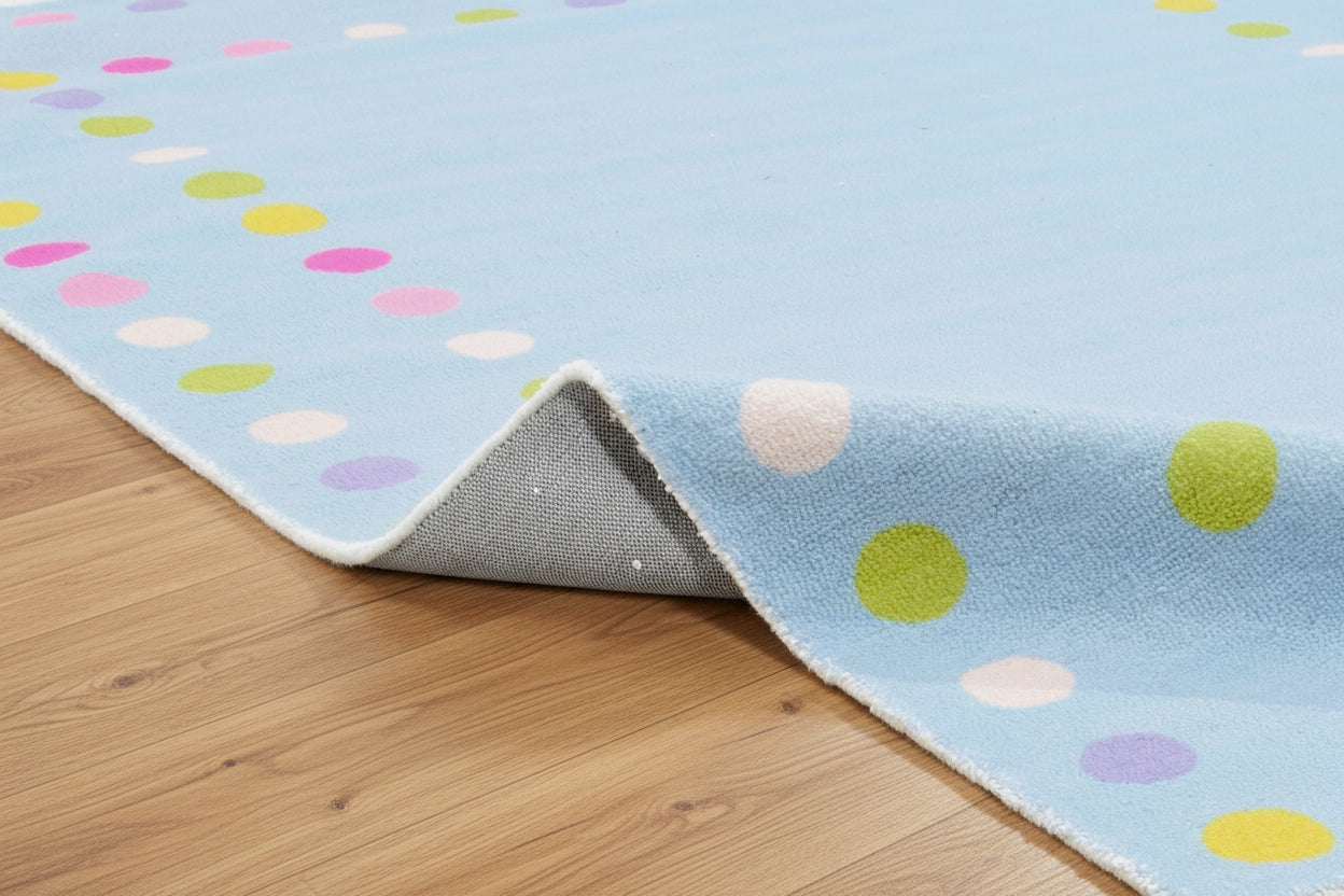 Celeste Blue Vibrant Polka Dot Border Nursery Kid's Room Rug 9014455828629