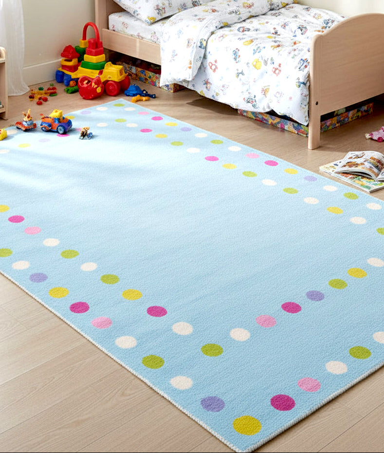 Celeste Blue Vibrant Polka Dot Border Nursery Kid's Room Rug 9014455828629