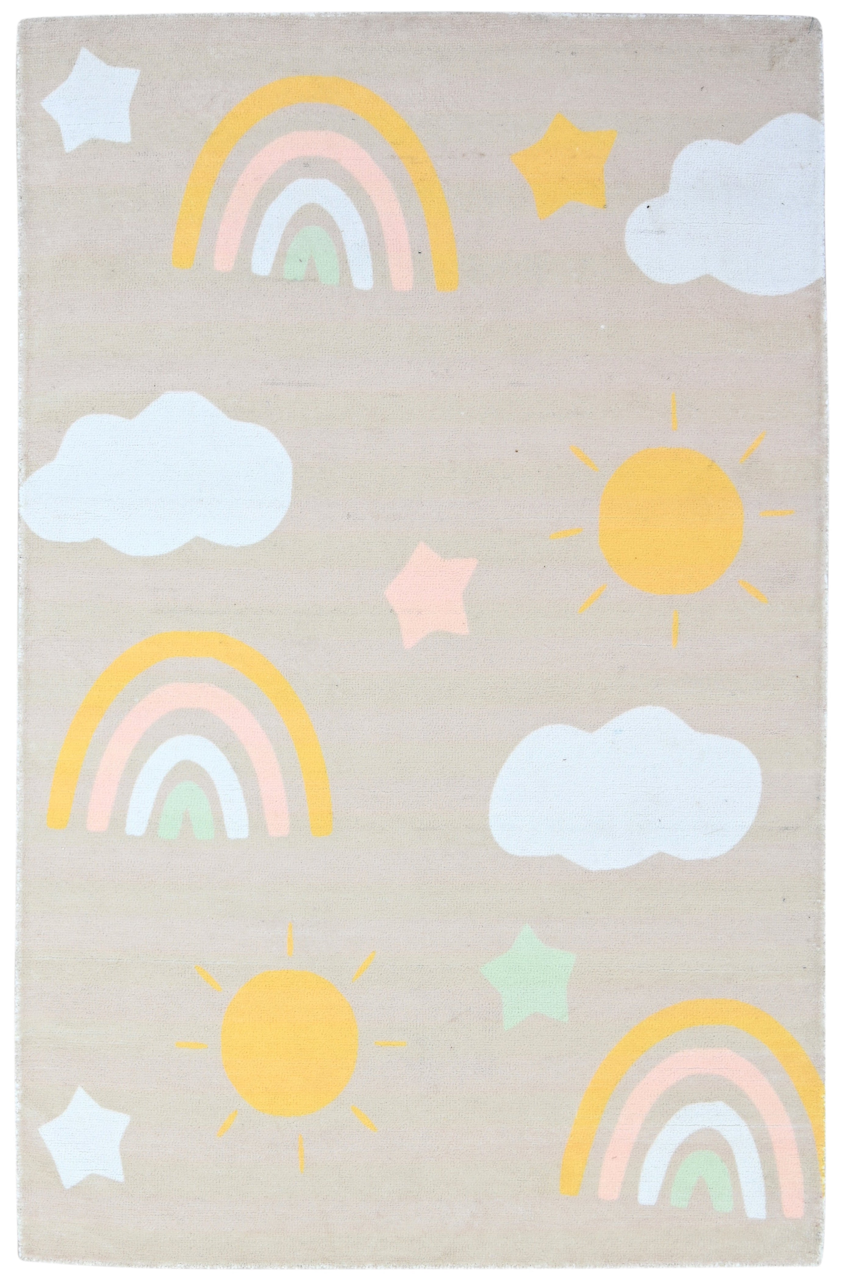 Celestial Rainbow Beige Handmade Kids Rug | Cloud, Sunshine Nursery Rug 9081802752149