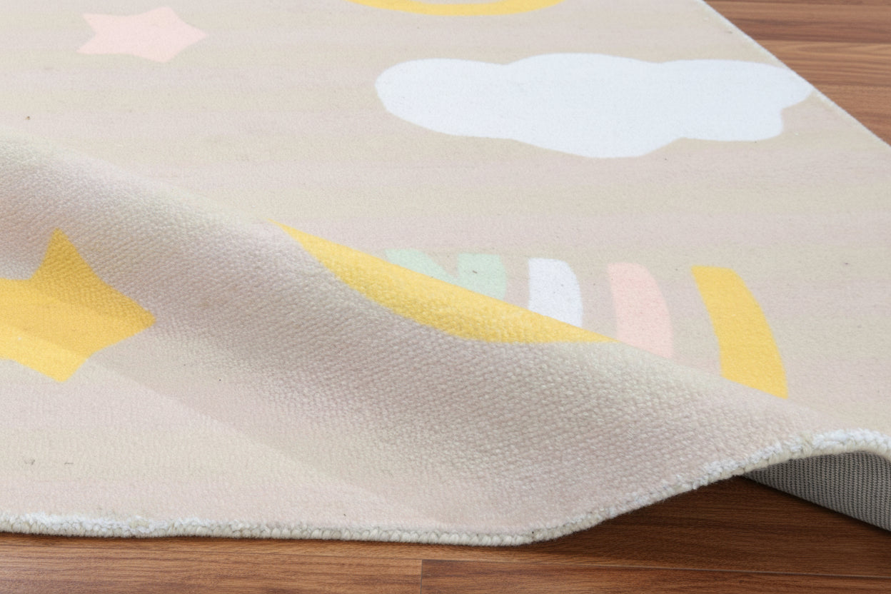 Celestial Rainbow Beige Handmade Kids Rug | Cloud, Sunshine Nursery Rug 9081802752149