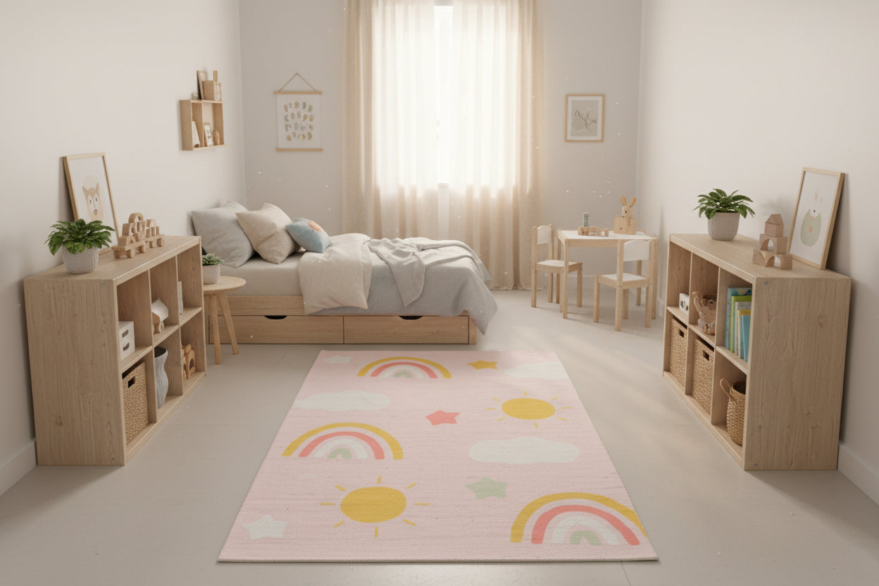 Celestial Rainbow Blush Pink Handmade Kids Rug | Cloud, Sunshine, Stars Nursery Rug 9080716689557