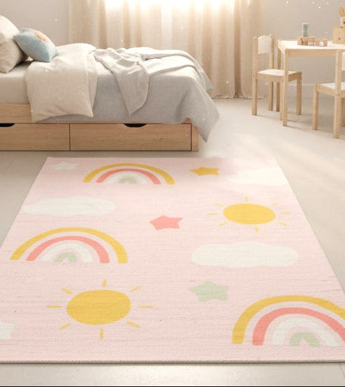 Celestial Rainbow Blush Pink Handmade Kids Rug | Cloud, Sunshine, Stars Nursery Rug 9080716689557