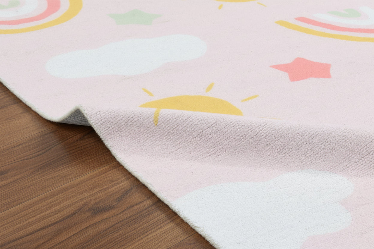 Celestial Rainbow Blush Pink Handmade Kids Rug | Cloud, Sunshine, Stars Nursery Rug 9080716689557