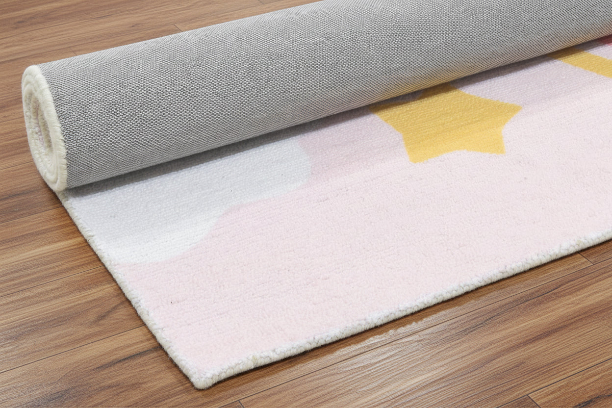 Celestial Rainbow Blush Pink Handmade Kids Rug | Cloud, Sunshine, Stars Nursery Rug 9080716689557