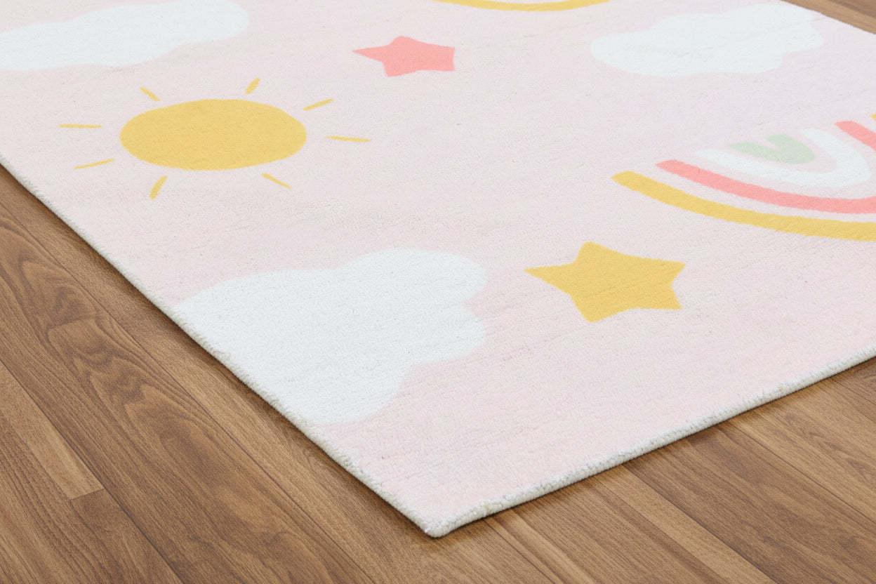 Celestial Rainbow Blush Pink Handmade Kids Rug | Cloud, Sunshine, Stars Nursery Rug 9080716689557