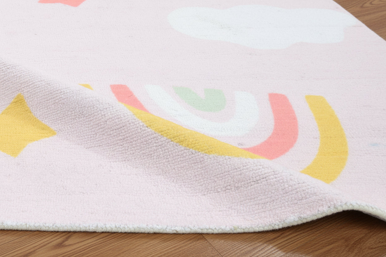 Celestial Rainbow Blush Pink Handmade Kids Rug | Cloud, Sunshine, Stars Nursery Rug 9080716689557