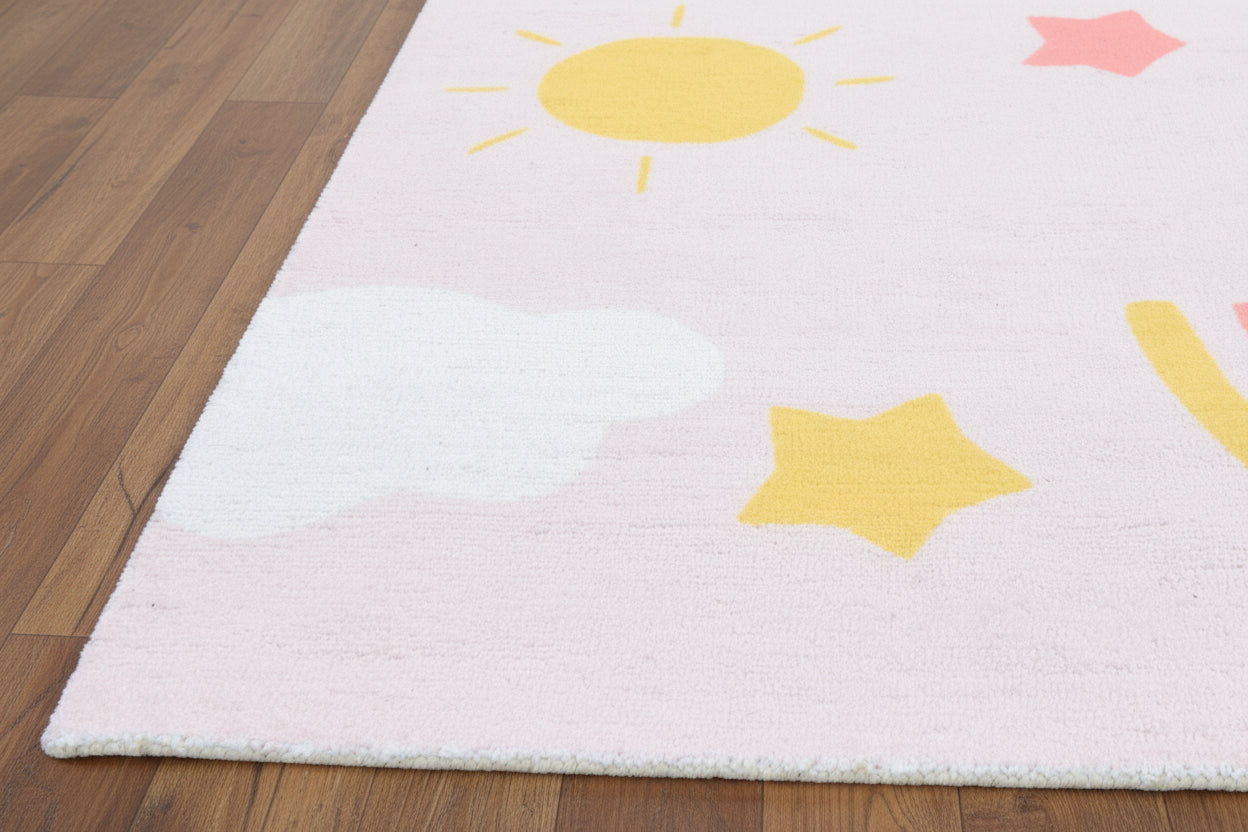 Celestial Rainbow Blush Pink Handmade Kids Rug | Cloud, Sunshine, Stars Nursery Rug 9080716689557
